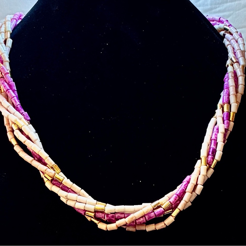 Vintage 6 Strands of Pink & White Thermoset Plastic Beads with Gold Tone Accents
